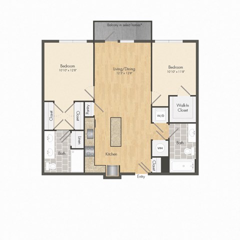 Floor plan for 2 beds, 2 baths, 876 sqft